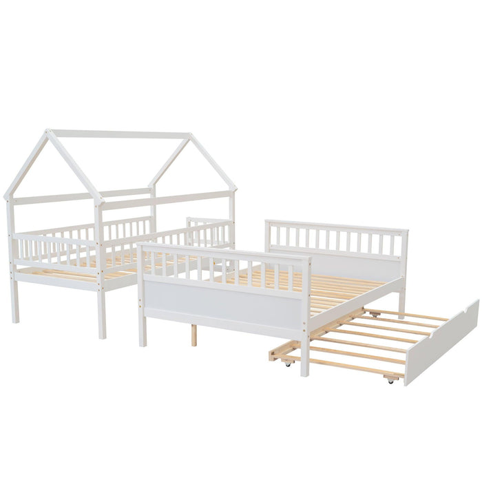 Twin over Full House Shaped Bunk Bed withStorage Staircase, Guardrail and Twin Size Trundle - White