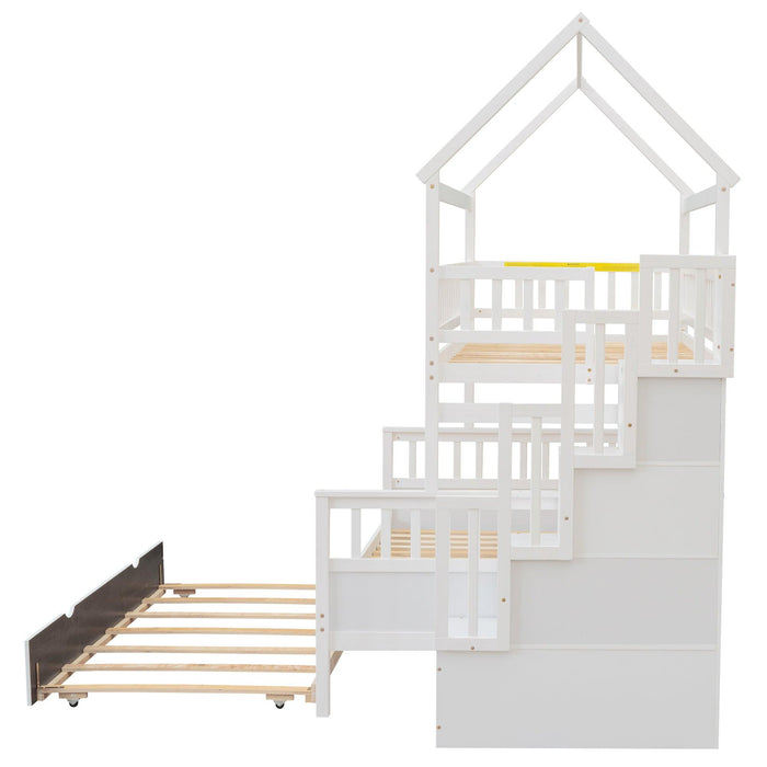 Twin over Full House Shaped Bunk Bed withStorage Staircase, Guardrail and Twin Size Trundle - White