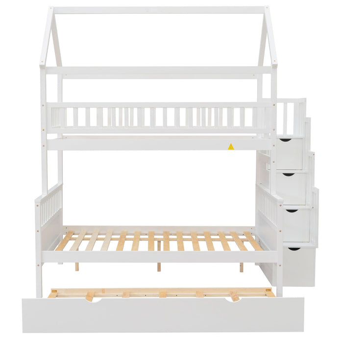 Twin over Full House Shaped Bunk Bed withStorage Staircase, Guardrail and Twin Size Trundle - White