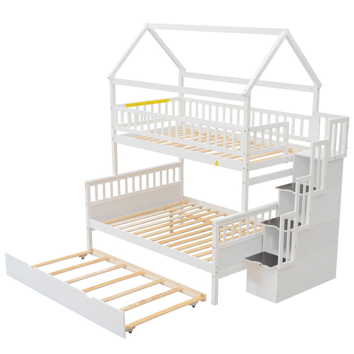 Twin over Full House Shaped Bunk Bed withStorage Staircase, Guardrail and Twin Size Trundle - White