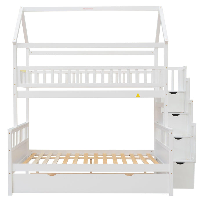 Twin over Full House Shaped Bunk Bed withStorage Staircase, Guardrail and Twin Size Trundle - White