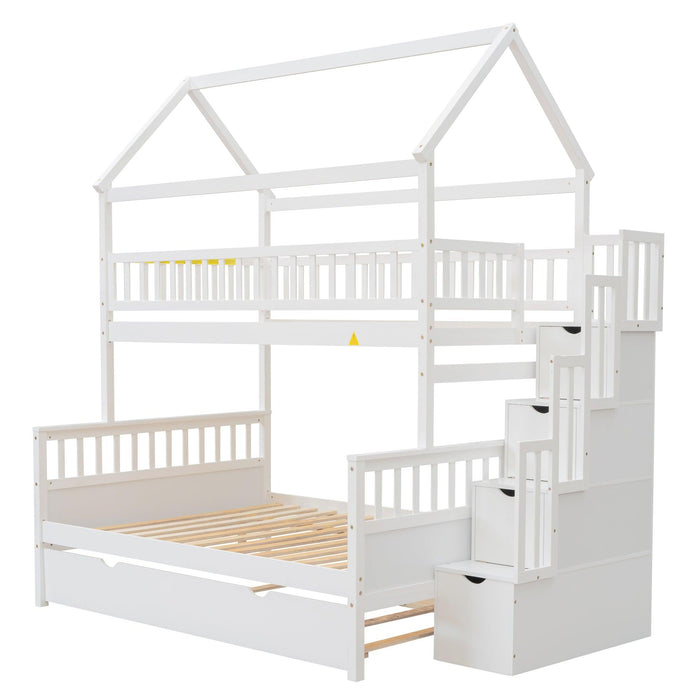 Twin over Full House Shaped Bunk Bed withStorage Staircase, Guardrail and Twin Size Trundle - White