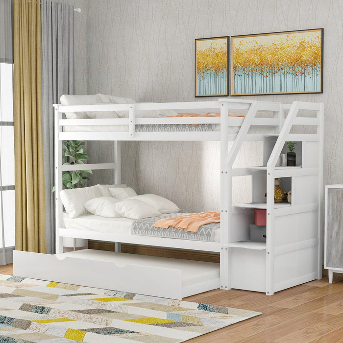 Twin over Twin Bunk Bed withStorage Staircase and Twin Size Trundle Bed - White