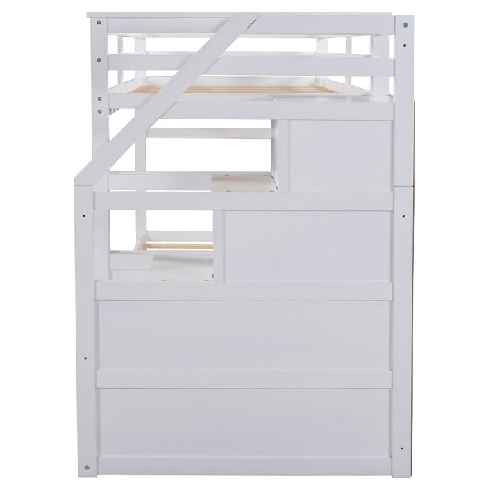 Twin over Twin Bunk Bed withStorage Staircase and Twin Size Trundle Bed - White