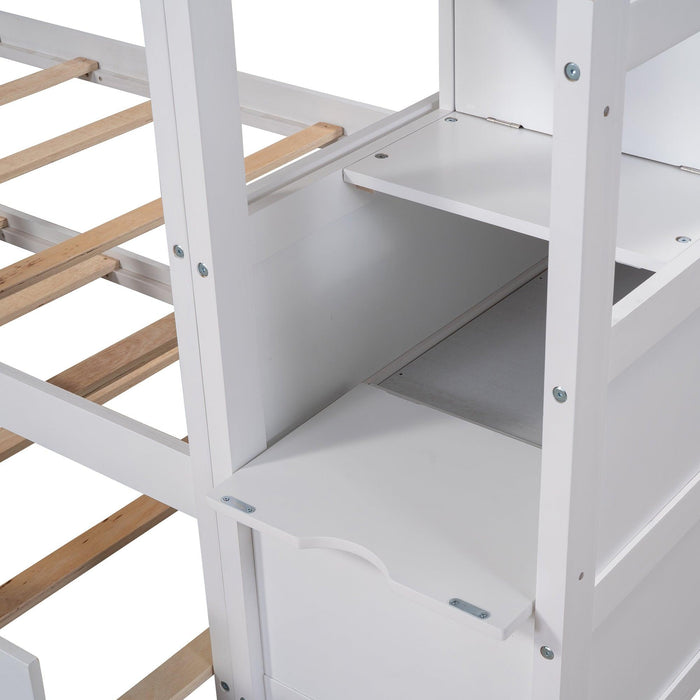 Twin over Twin Bunk Bed withStorage Staircase and Twin Size Trundle Bed - White