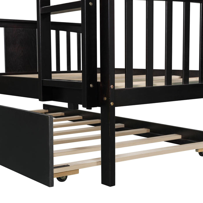 Full over Full Convertible Bunk Bed with Twin Size Trundle and Ladder - Espresso