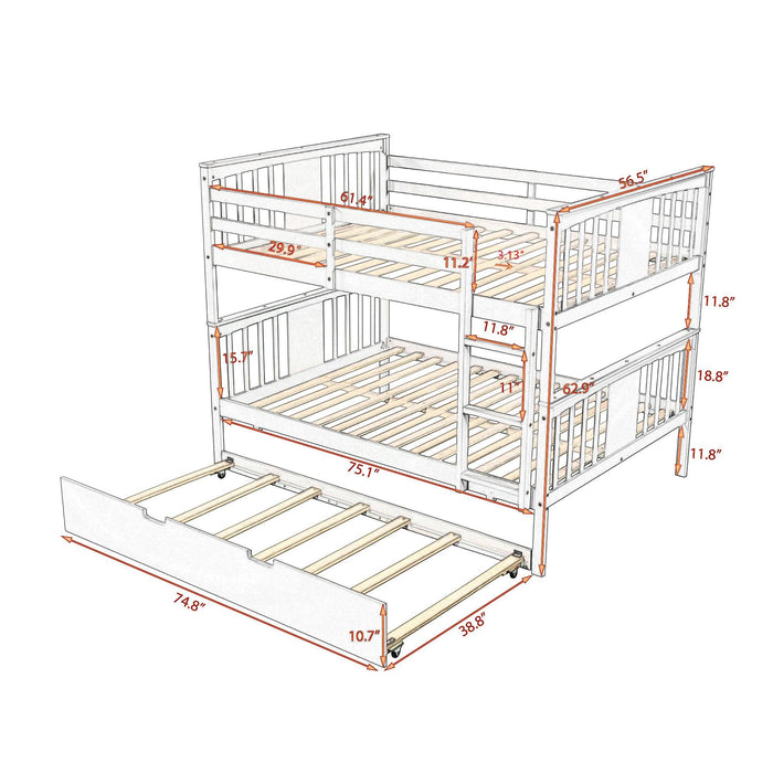 Full over Full Convertible Bunk Bed with Twin Size Trundle and Ladder - Gray