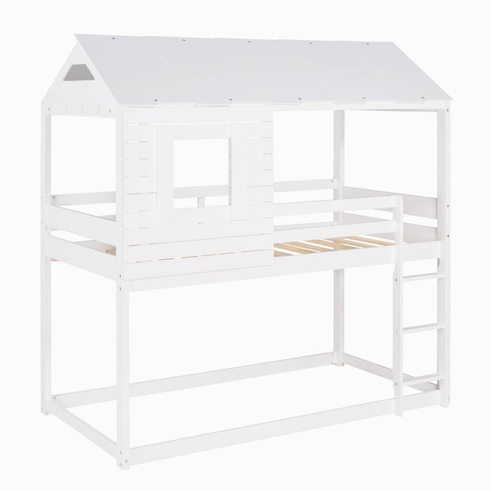 Twin Over Twin House Shaped Bunk Bed with Guardrail and Ladder - White