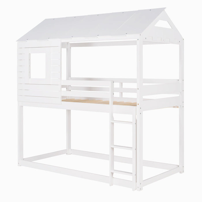 Twin Over Twin House Shaped Bunk Bed with Guardrail and Ladder - White