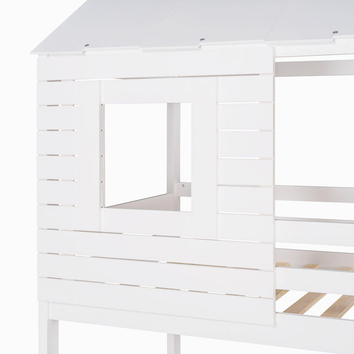 Twin Over Twin House Shaped Bunk Bed with Guardrail and Ladder - White