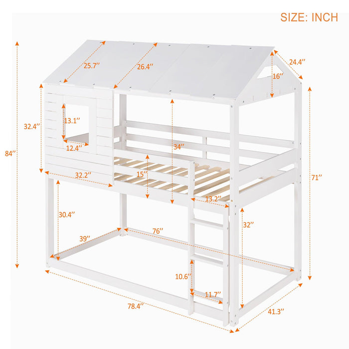 Twin Over Twin House Shaped Bunk Bed with Guardrail and Ladder - White