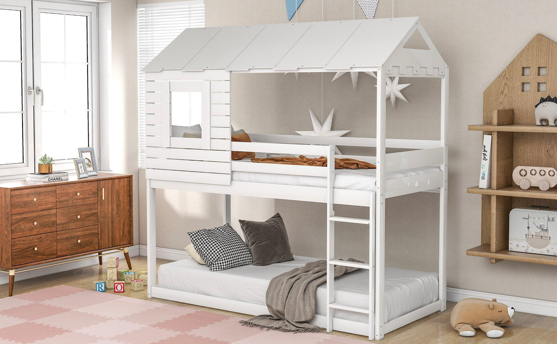 Twin Over Twin House Shaped Bunk Bed with Guardrail and Ladder - White