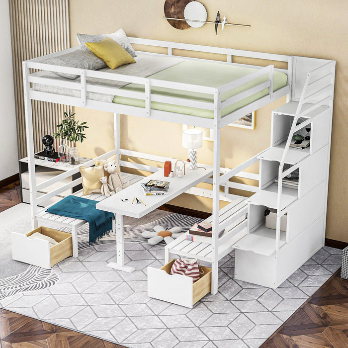 Full over Full Convertible Bunk Bed into Seats and Table Set withStorage Staircase - White