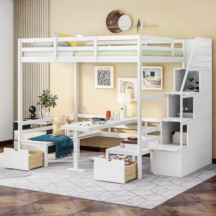 Full over Full Convertible Bunk Bed into Seats and Table Set withStorage Staircase - White