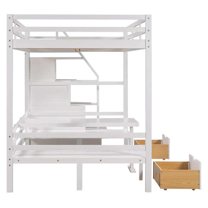 Full over Full Convertible Bunk Bed into Seats and Table Set withStorage Staircase - White