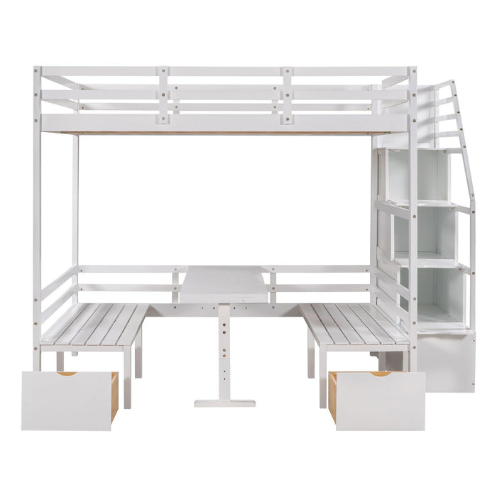 Full over Full Convertible Bunk Bed into Seats and Table Set withStorage Staircase - White