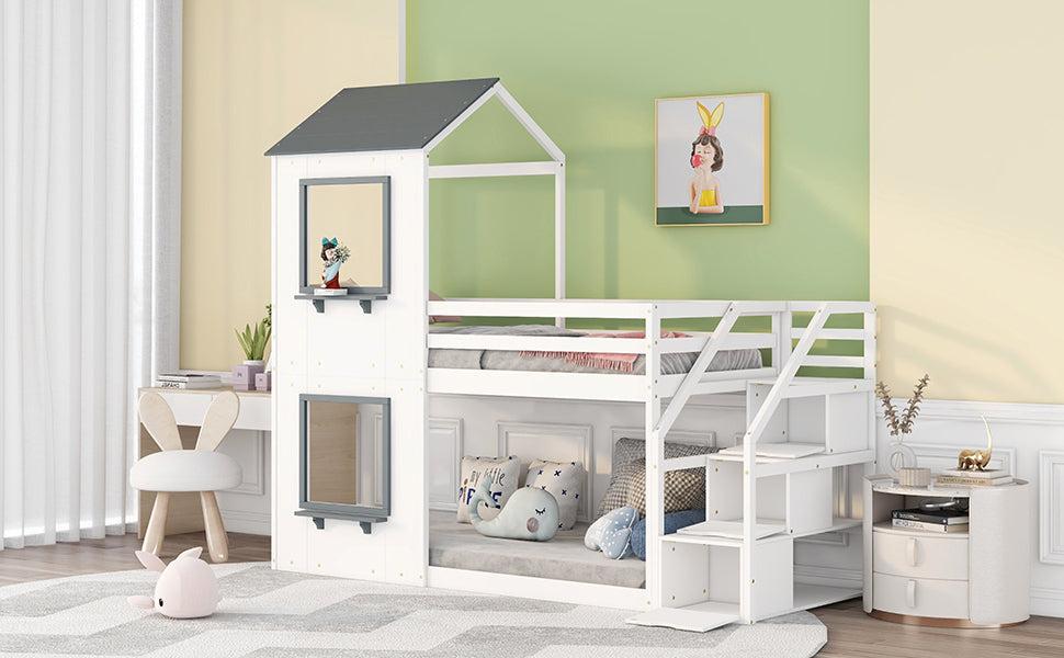 Twin over Twin House Shaped Bunk Bed withStorage Stairs, Guardrail and Ladder - White