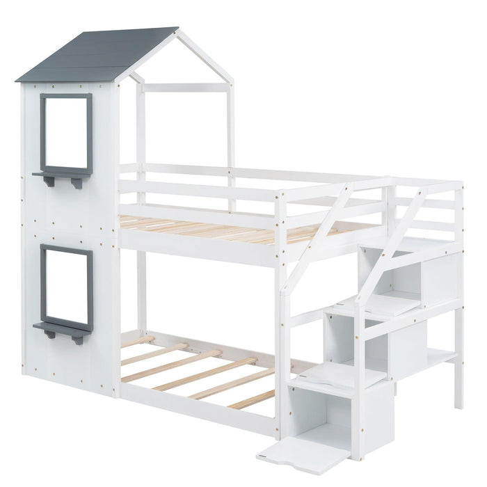 Twin over Twin House Shaped Bunk Bed withStorage Stairs, Guardrail and Ladder - White