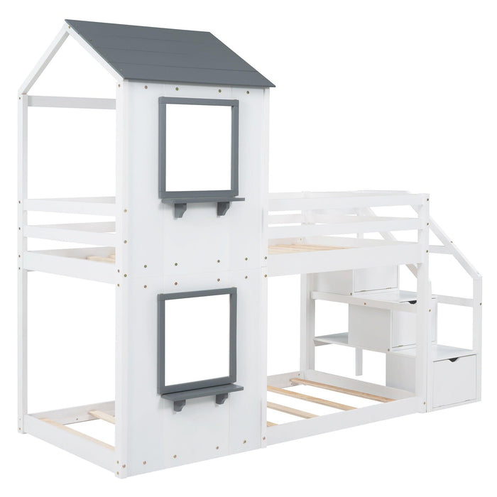 Twin over Twin House Shaped Bunk Bed withStorage Stairs, Guardrail and Ladder - White