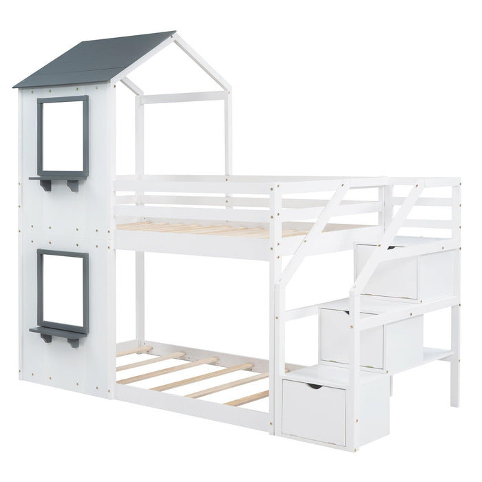 Twin over Twin House Shaped Bunk Bed withStorage Stairs, Guardrail and Ladder - White