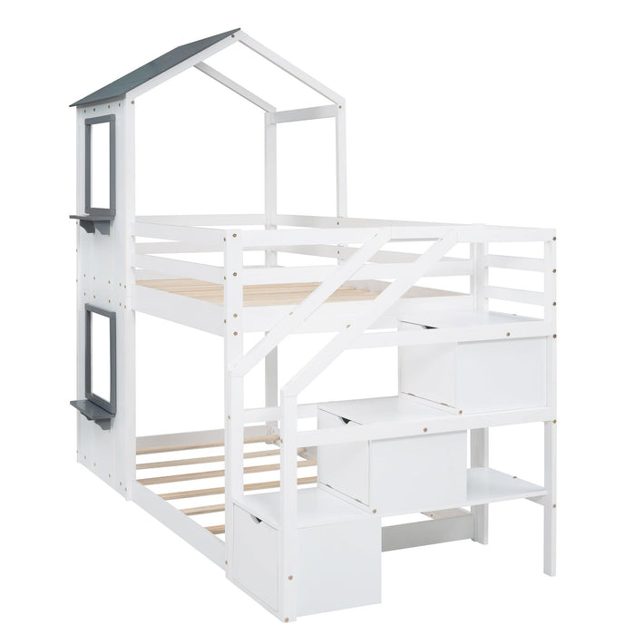 Twin over Twin House Shaped Bunk Bed withStorage Stairs, Guardrail and Ladder - White