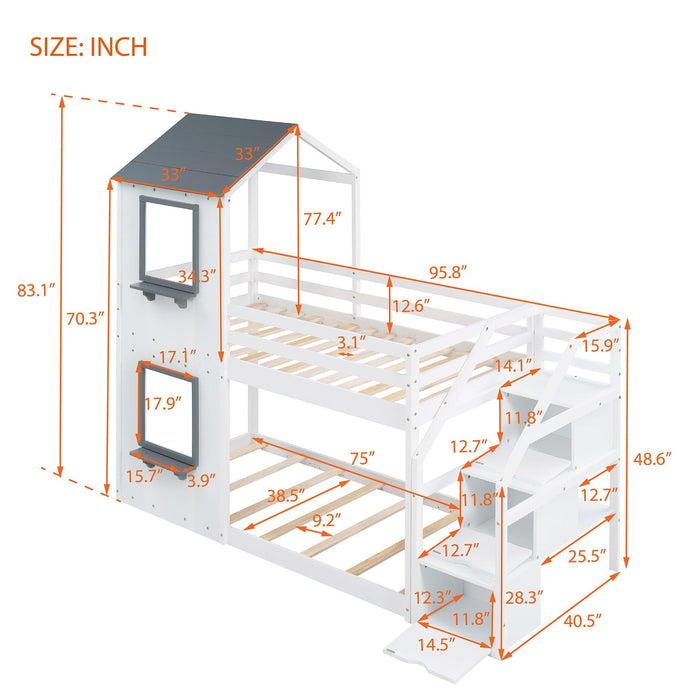 Twin over Twin House Shaped Bunk Bed withStorage Stairs, Guardrail and Ladder - White