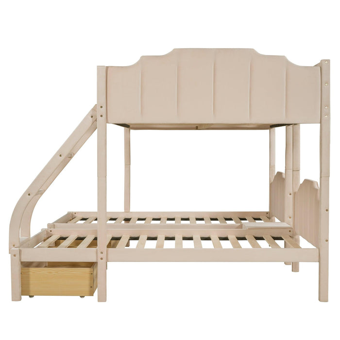 Full over Twin and Twin Bunk Bed with Drawers and Guardrails - Beige