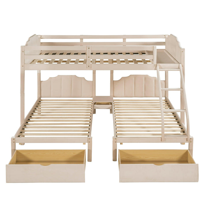 Full over Twin and Twin Bunk Bed with Drawers and Guardrails - Beige