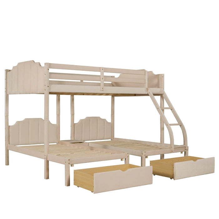 Full over Twin and Twin Bunk Bed with Drawers and Guardrails - Beige