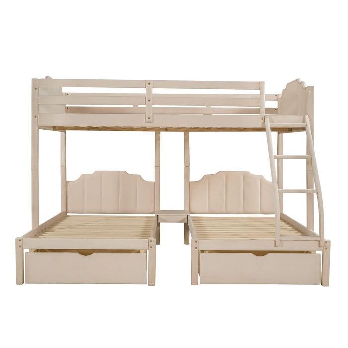 Full over Twin and Twin Bunk Bed with Drawers and Guardrails - Beige