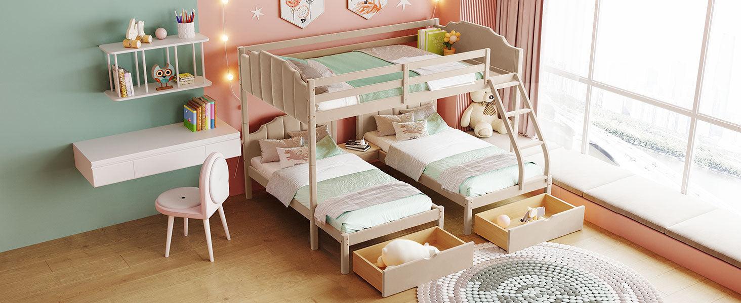 Full over Twin and Twin Bunk Bed with Drawers and Guardrails - Beige