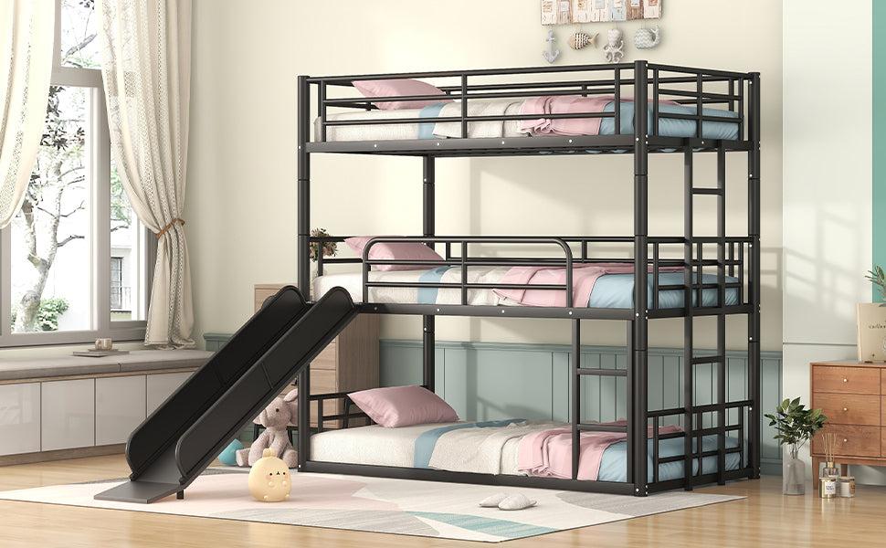 Twin Size Convertible Metal Bunk Bed with Ladders and Slide - Black