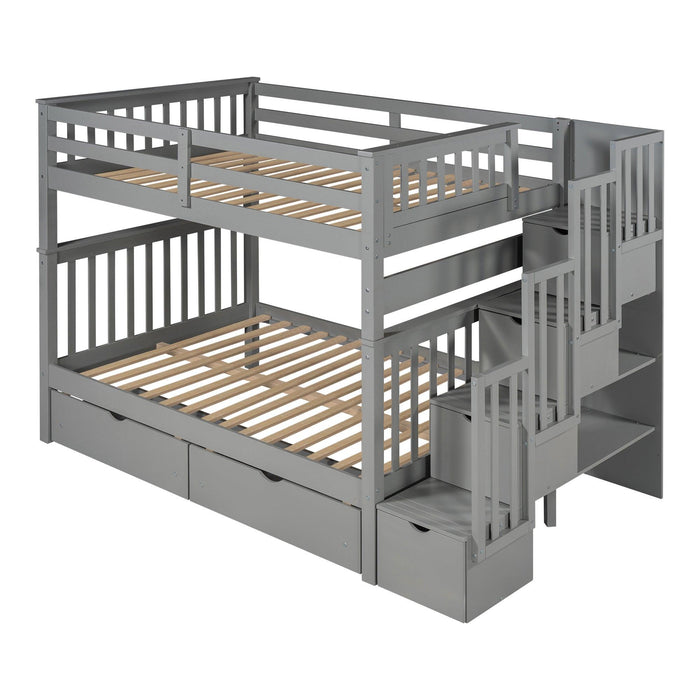 Full over Full Bunk Bed with Shelves and 6Storage Drawers - Gray