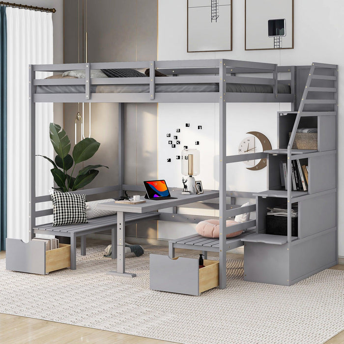 Full over Full Convertible Bunk Bed into Seats and Table Set withStorage Staircase - Gray