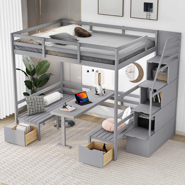 Full over Full Convertible Bunk Bed into Seats and Table Set withStorage Staircase - Gray