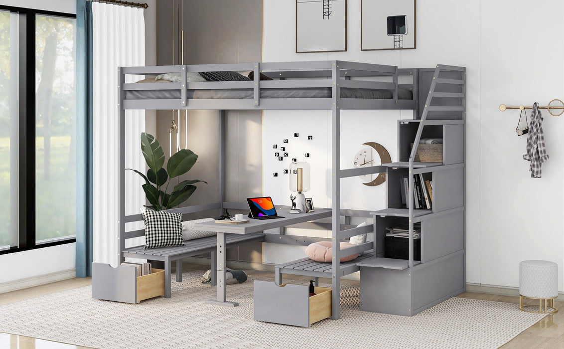 Full over Full Convertible Bunk Bed into Seats and Table Set withStorage Staircase - Gray