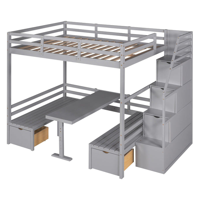 Full over Full Convertible Bunk Bed into Seats and Table Set withStorage Staircase - Gray