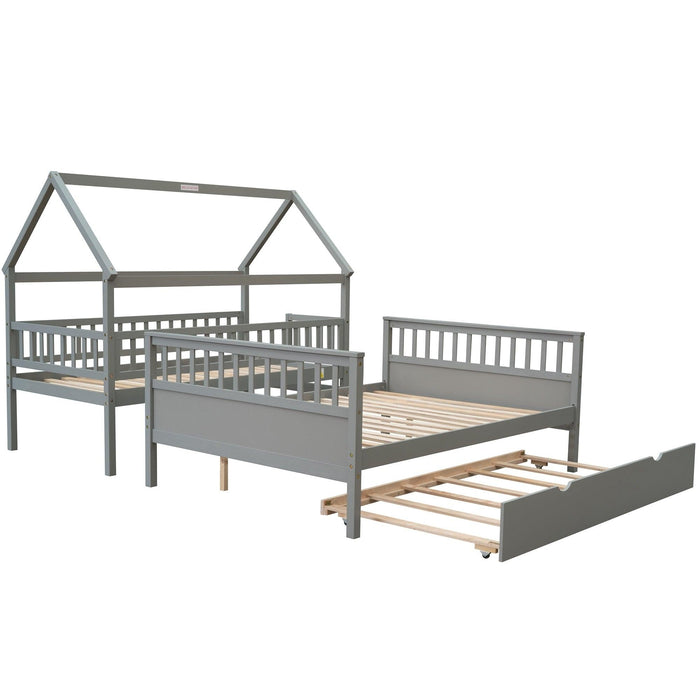 Twin over Full House Shaped Bunk Bed withStorage Staircase, Guardrail and Twin Size Trundle - Gray