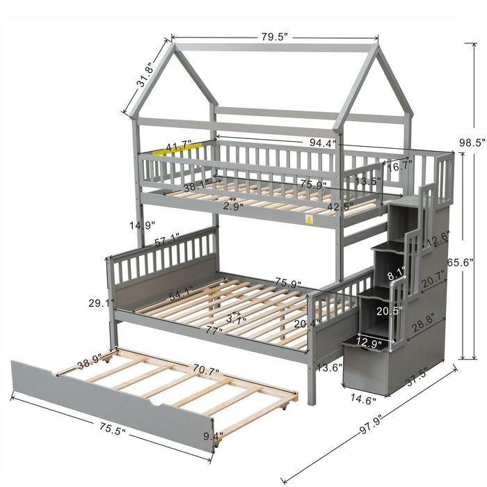 Twin over Full House Shaped Bunk Bed withStorage Staircase, Guardrail and Twin Size Trundle - Gray