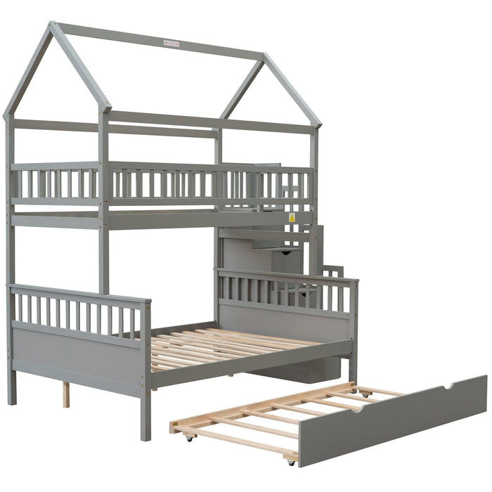 Twin over Full House Shaped Bunk Bed withStorage Staircase, Guardrail and Twin Size Trundle - Gray