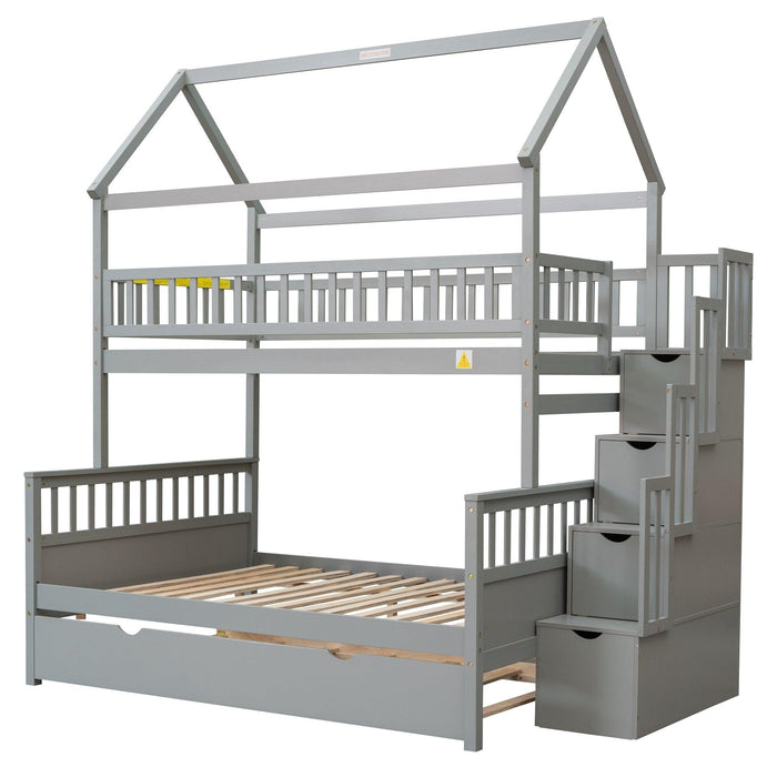 Twin over Full House Shaped Bunk Bed withStorage Staircase, Guardrail and Twin Size Trundle - Gray