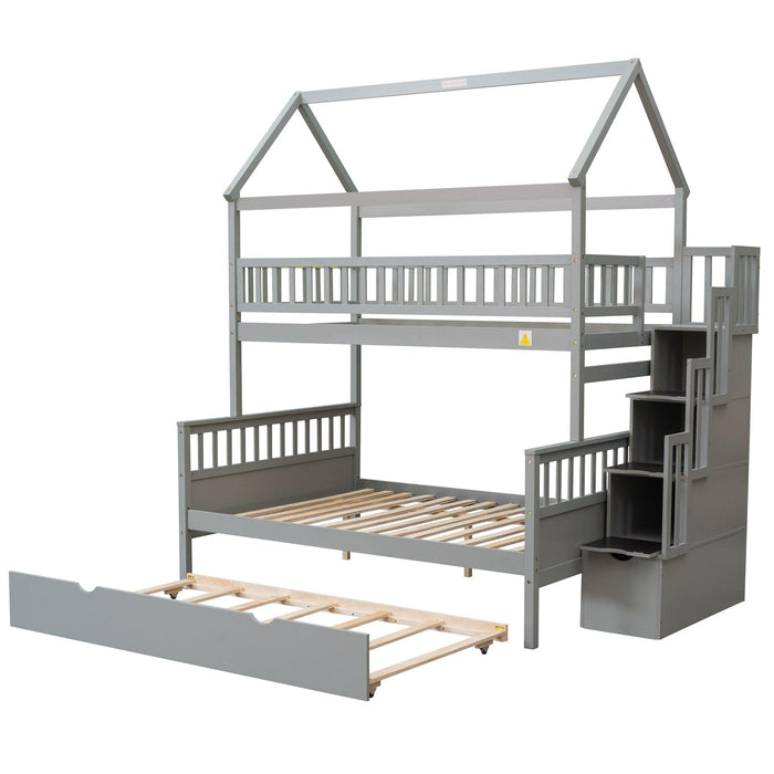 Twin over Full House Shaped Bunk Bed withStorage Staircase, Guardrail and Twin Size Trundle - Gray