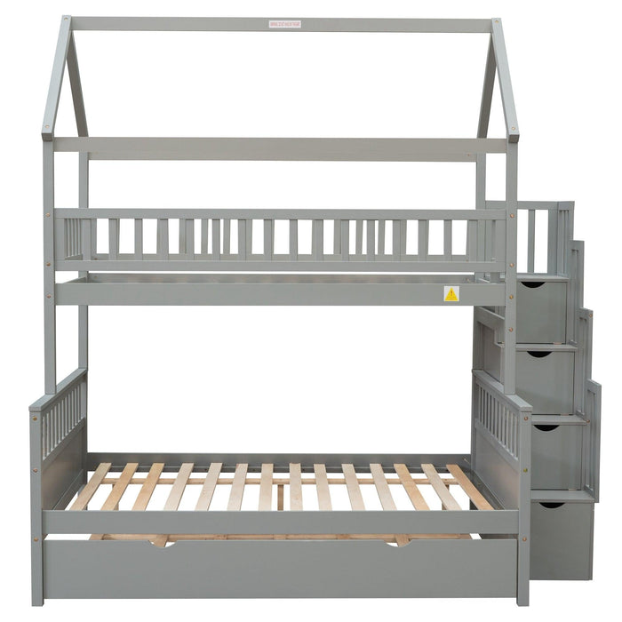 Twin over Full House Shaped Bunk Bed withStorage Staircase, Guardrail and Twin Size Trundle - Gray