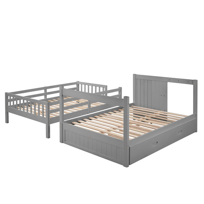 Full over Full Convertible Bunk Bed with Twin Size Trundle and Staircase Drawers - Gray