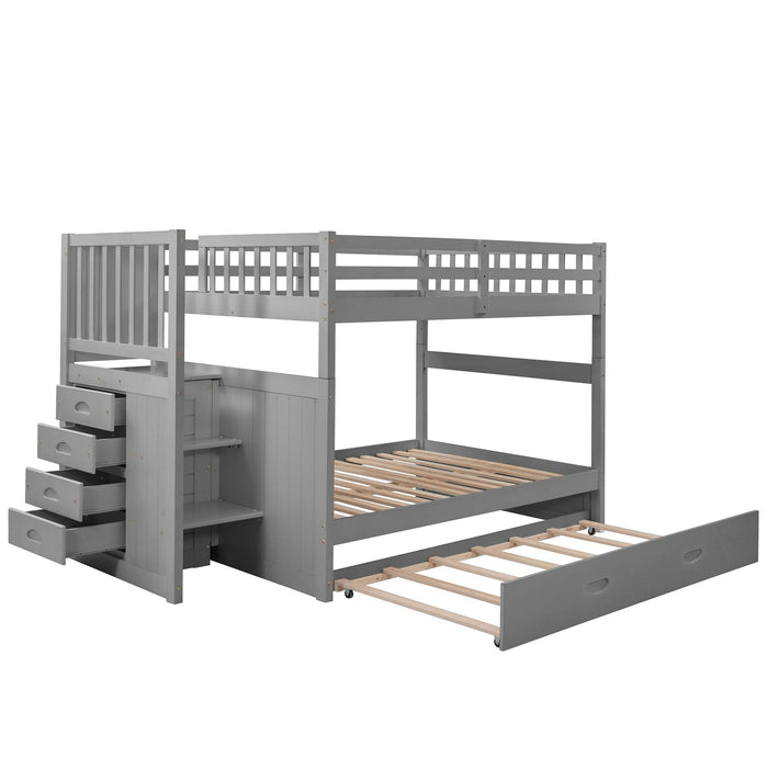 Full over Full Convertible Bunk Bed with Twin Size Trundle and Staircase Drawers - Gray