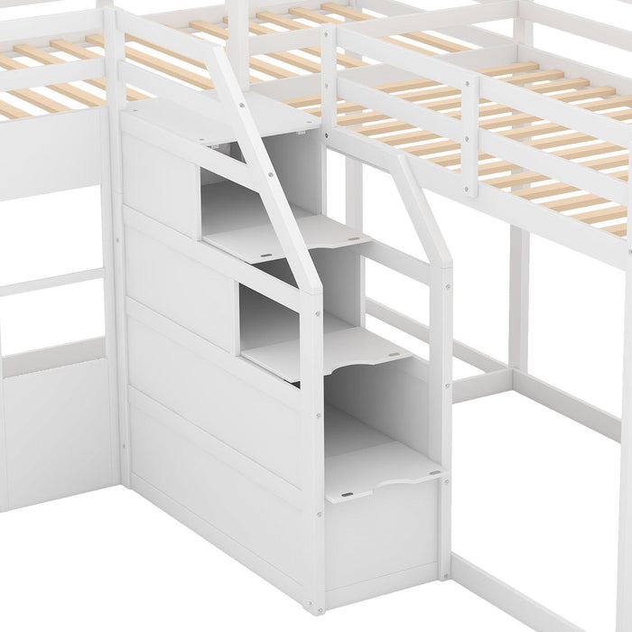 Twin over Twin L-Shaped Bunk Bed withStorage Staircase - White