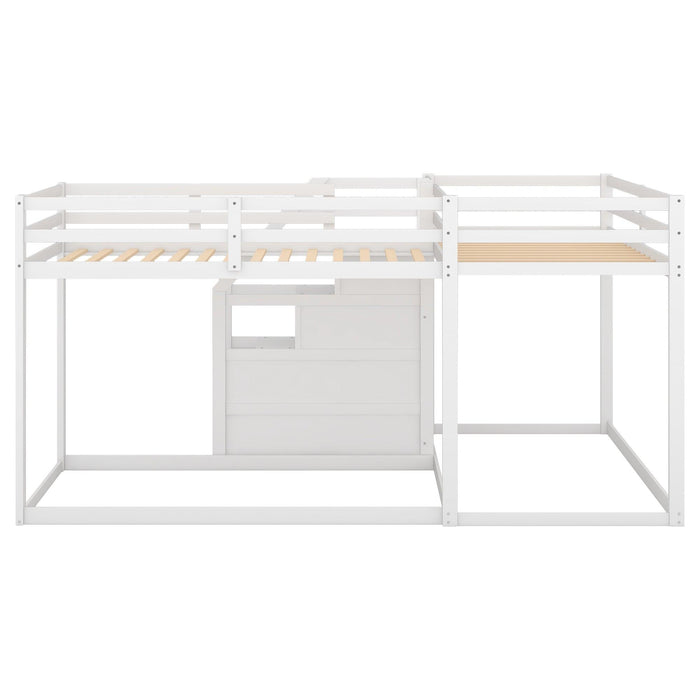 Twin over Twin L-Shaped Bunk Bed withStorage Staircase - White