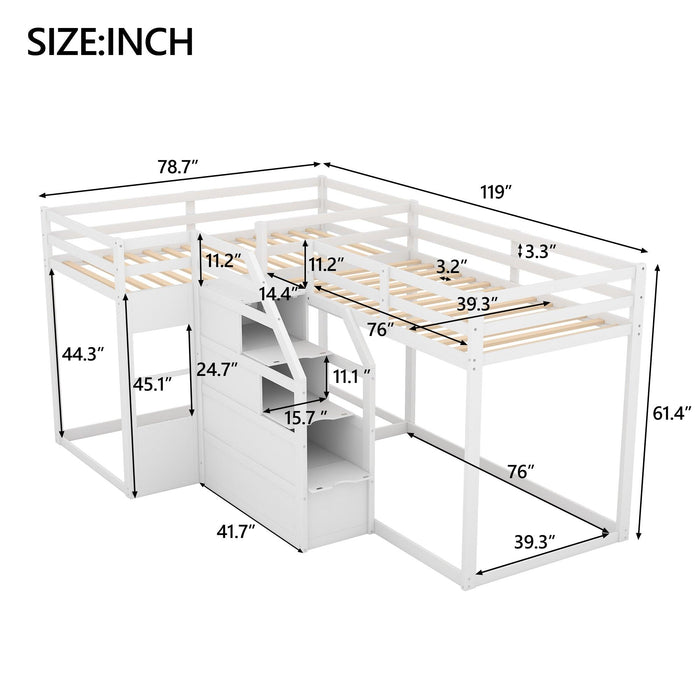 Twin over Twin L-Shaped Bunk Bed withStorage Staircase - White