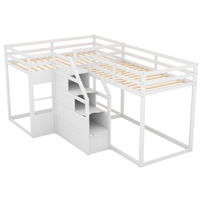 Twin over Twin L-Shaped Bunk Bed withStorage Staircase - White