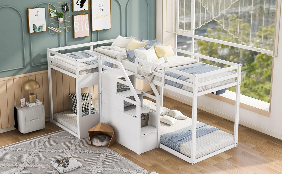 Twin over Twin L-Shaped Bunk Bed withStorage Staircase - White